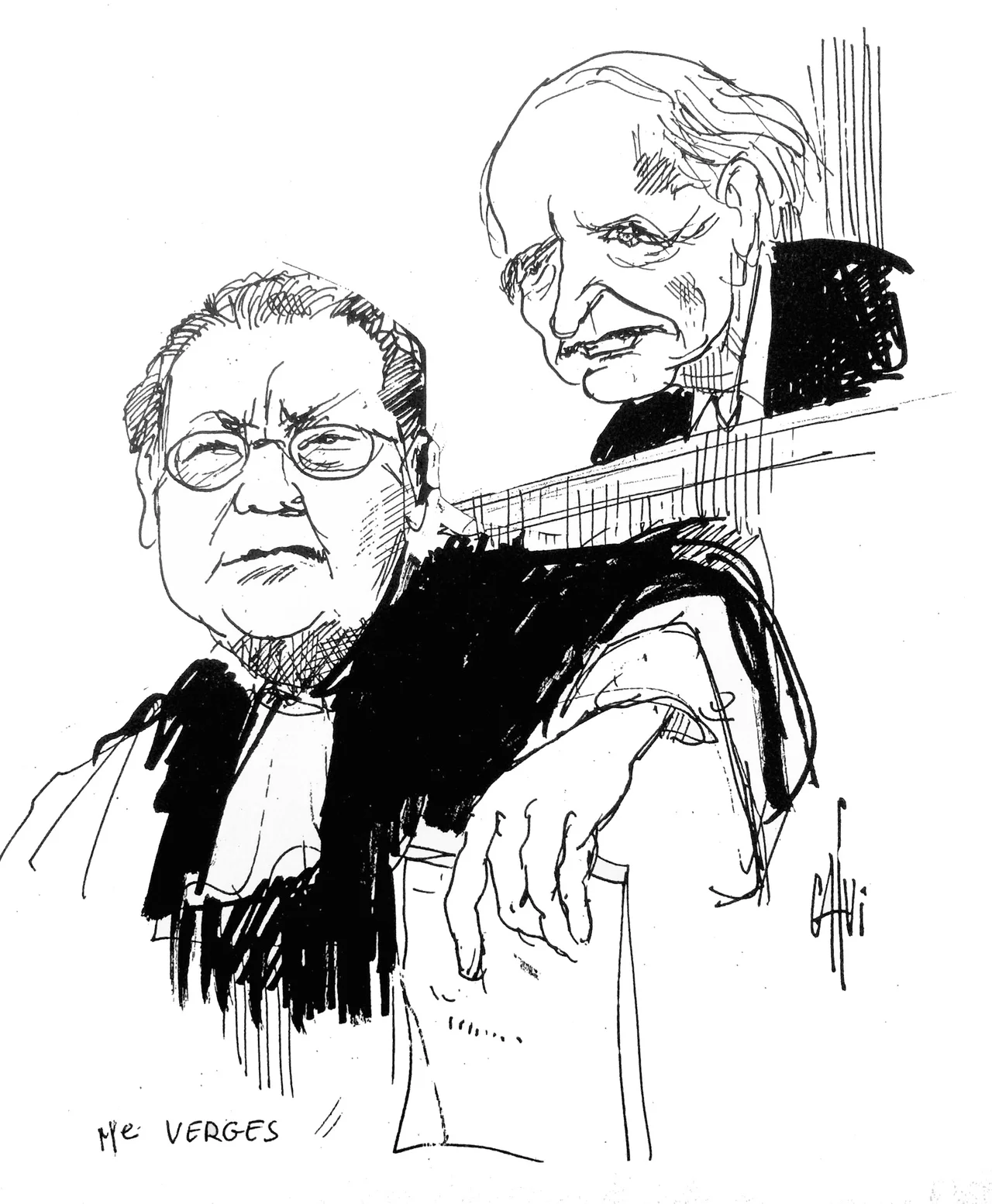 Jacques Vergès et Klaus Barbie lors de son procès Croquis d'audience