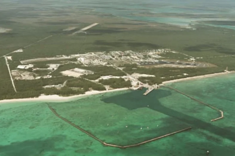 Personal photo taken from the AUTEC FH-227 aircraft in 1974 of the AUTEC complex on Andros Island.