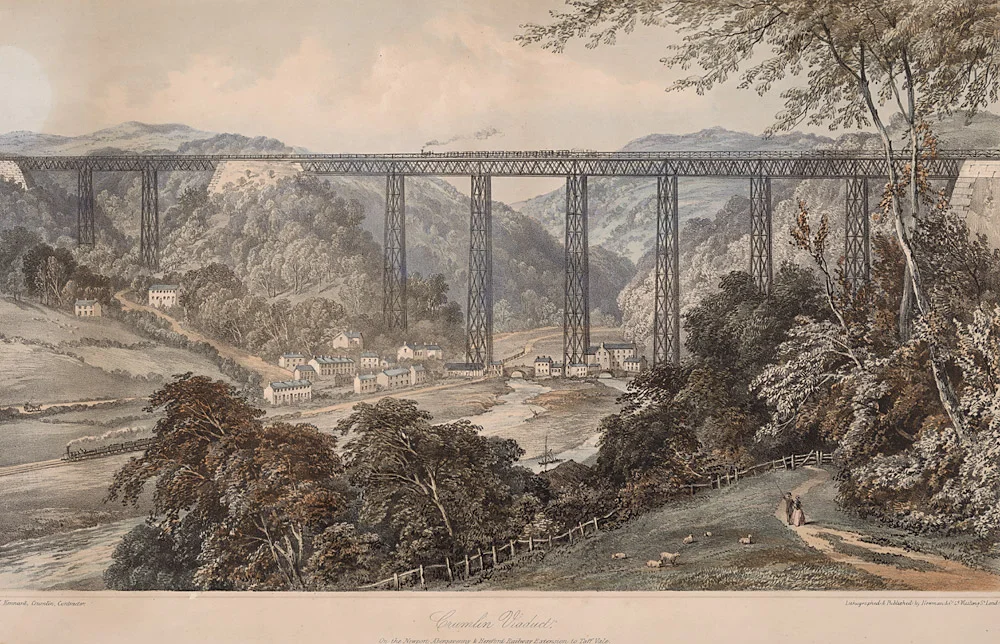 Abstract: A view of Crumlin Vidauct showing a steam train on viaduct, another below, as well as the river and houses.