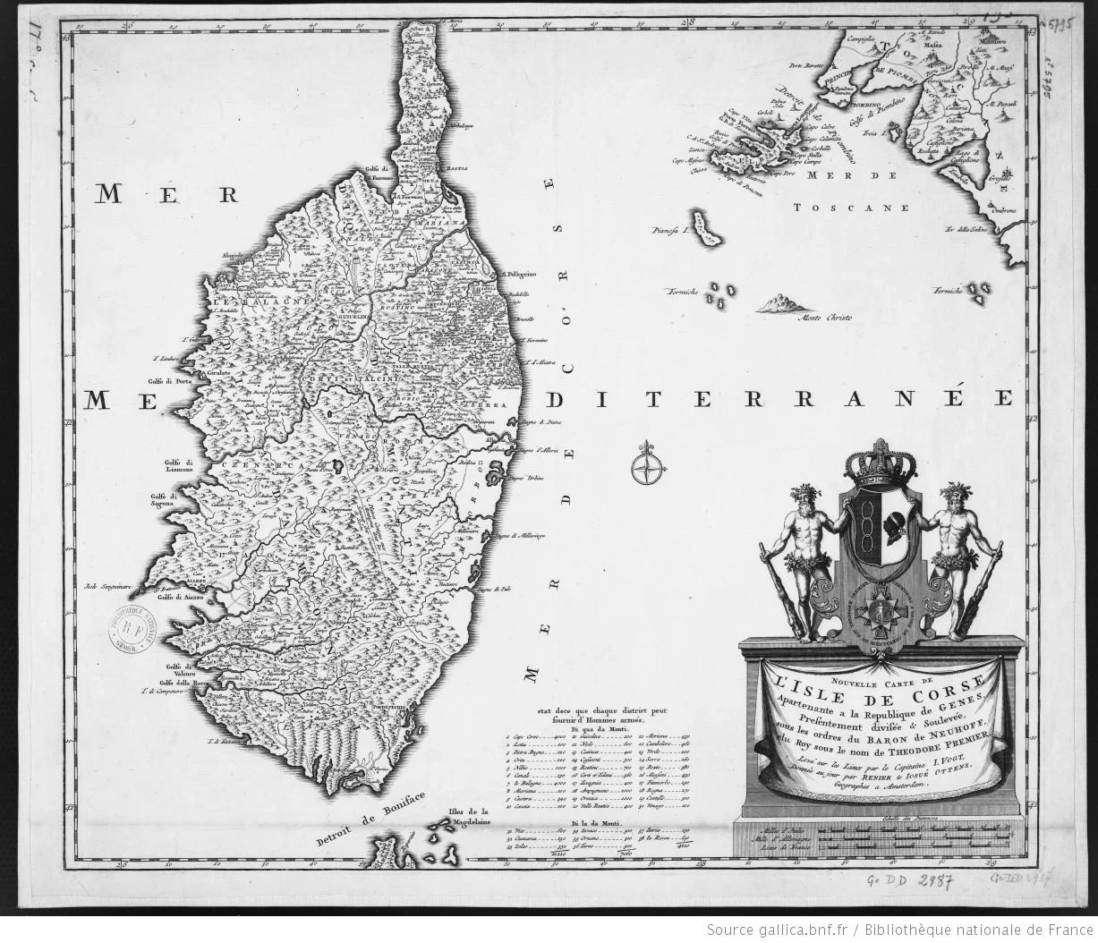 Nouvelle carte de l'isle de Corse apartenante a la republique de Genes, presentement divisée et soulevée, sous les ordres du baron de Neuhoff, élu roy sous le nom de Theodore Premier / levé sur les lieux par le capitaine I. Vogt 1737