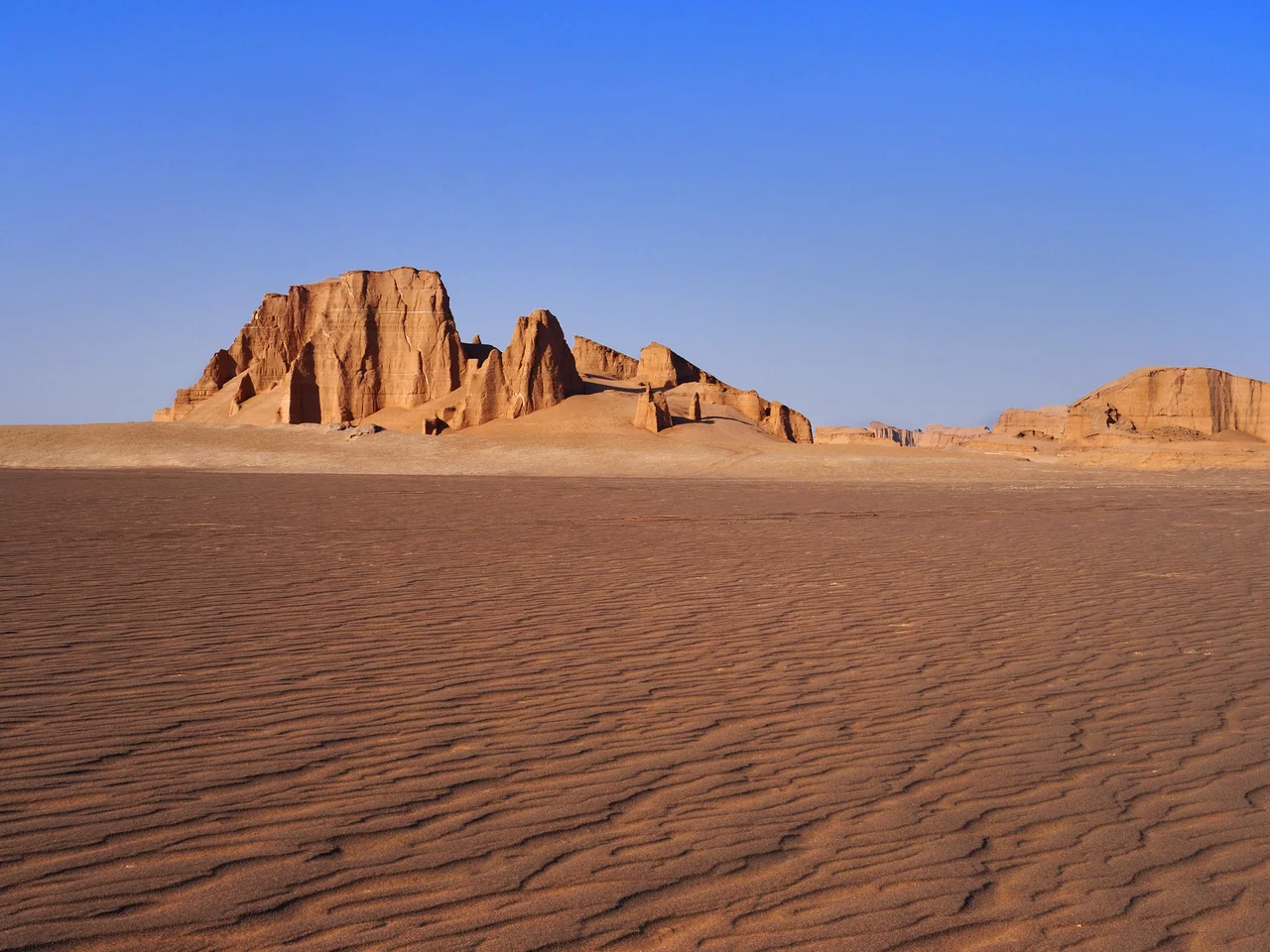 The Dasht-e Lut is a large salt desert located in the provinces of Kerman, Sistan and Baluchestan, Iran. It is characterized by wind-shaped ridges and furrows (Persian: kalout) reaching 75m in height.