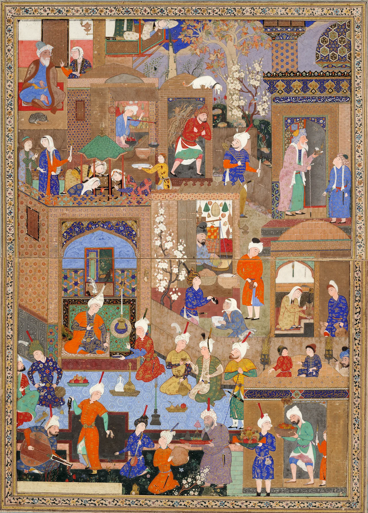 Architectural spaces of Nighttime in a Palace painting
Architectural structure of the government space in the painting of Nighttime in a Palace
Nighttime in a City. Circa 1540, Tabriz (Sackler Museum, 1958.76)

Likely schematic depiction of the Sahebabad” historical area of Tabriz, with the Uzun Hasan Mosque (top right)  (2016). "Recognizing the Architectural Form of " Ghazan's Tomb " in " Abvab-Albar " collection of " Ghazaniyeh " and its Role in Iranian Urbanization Development". Bagh-e Nazr 13 (42).
Part of Shah Tahmasp's Shahnameh. "The miniature painting "Nighttime in a Palace" is one of the paintings of Shahname-ye Shah Tahmasbi, which was drawn during the time of Shahname-ye Shah Tahmasbi I in the city of Tabriz"(10 May 2023). "Architectural and Spatial Design studies of Sahibabad, Tabriz, Iran in the Persian Miniature Painting "Nighttime in a Palace"". JACO Journal of Art and Civilization of the Orient Quarterly (38): 67. DOI:10.22034/JACO.2022.366374.1270.
