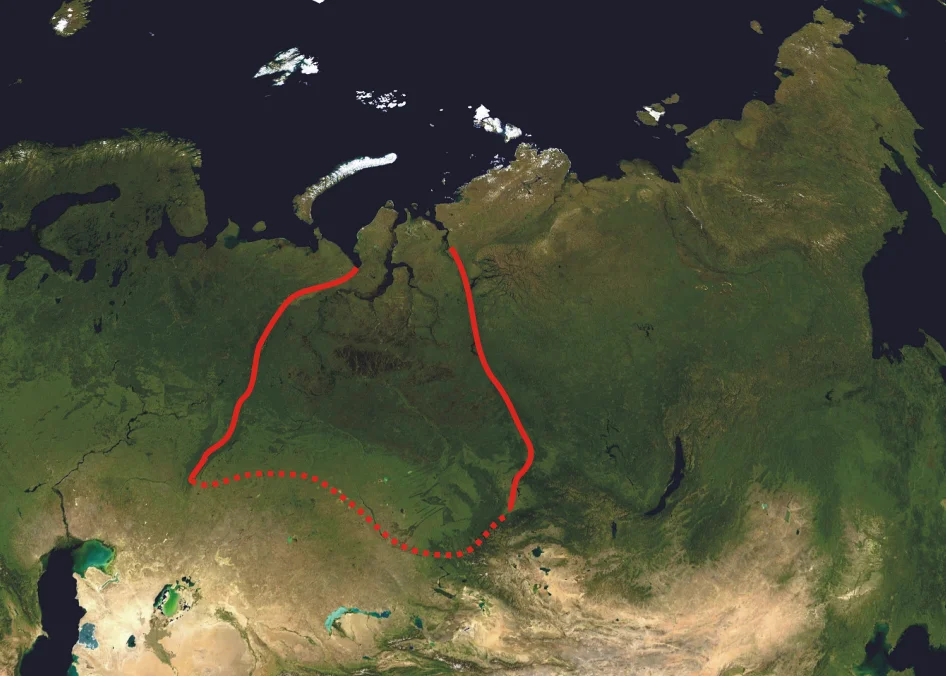 A composed satellite photograph of Asia in orthographic projection  This is NASA "Blue Marble" image applied as a texture on a sphere using Art of Illusion program. The observer is centered at (40° N, 85° E), at Moon distance above the Earth.

This modification describes boundaries of West Siberian Plain (red line).