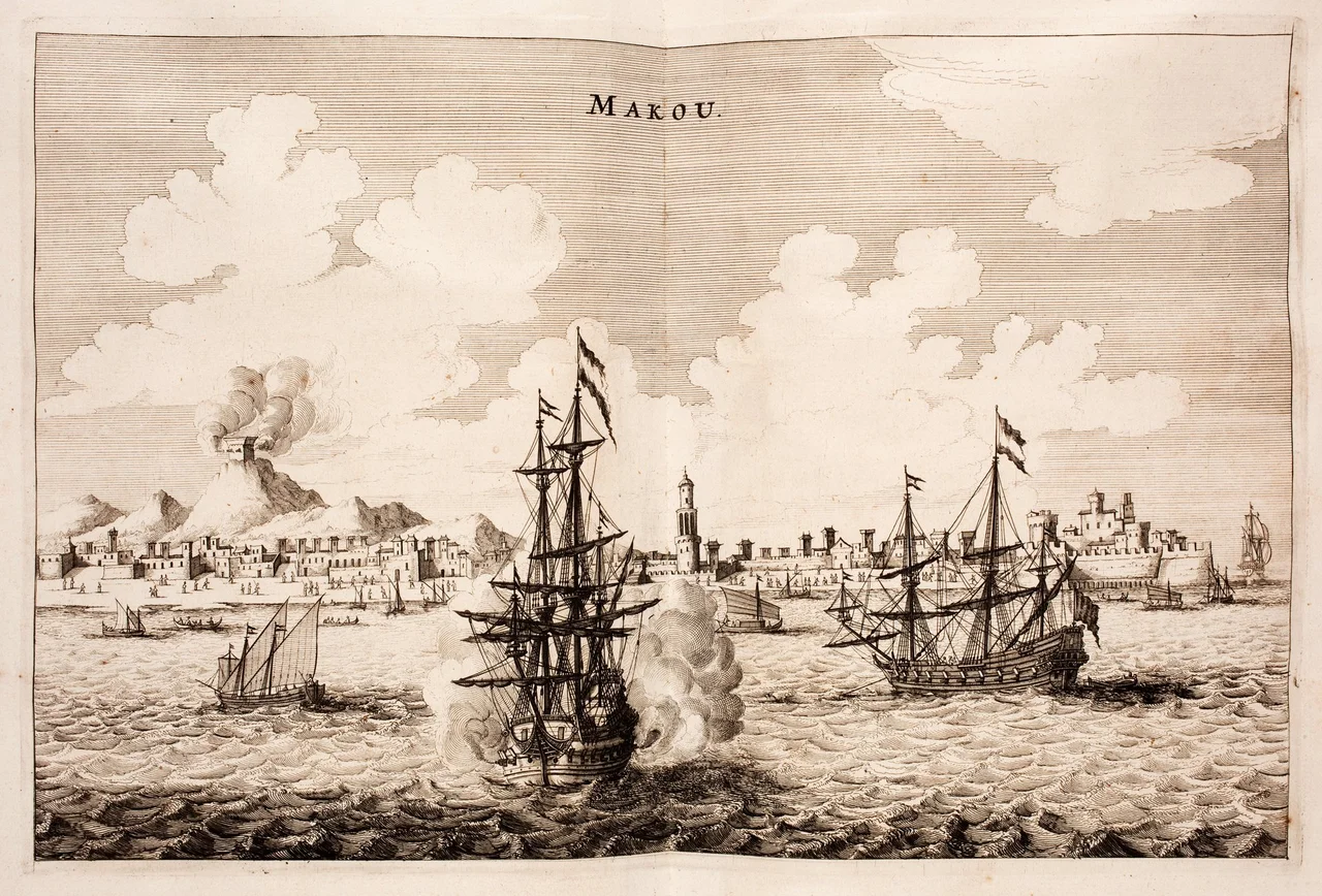Dutch ships in the harbour of Macau (1655). Harbour of Macau ("Makou"). Dutch war ship firing cannons. Tower on a hill firing cannons.